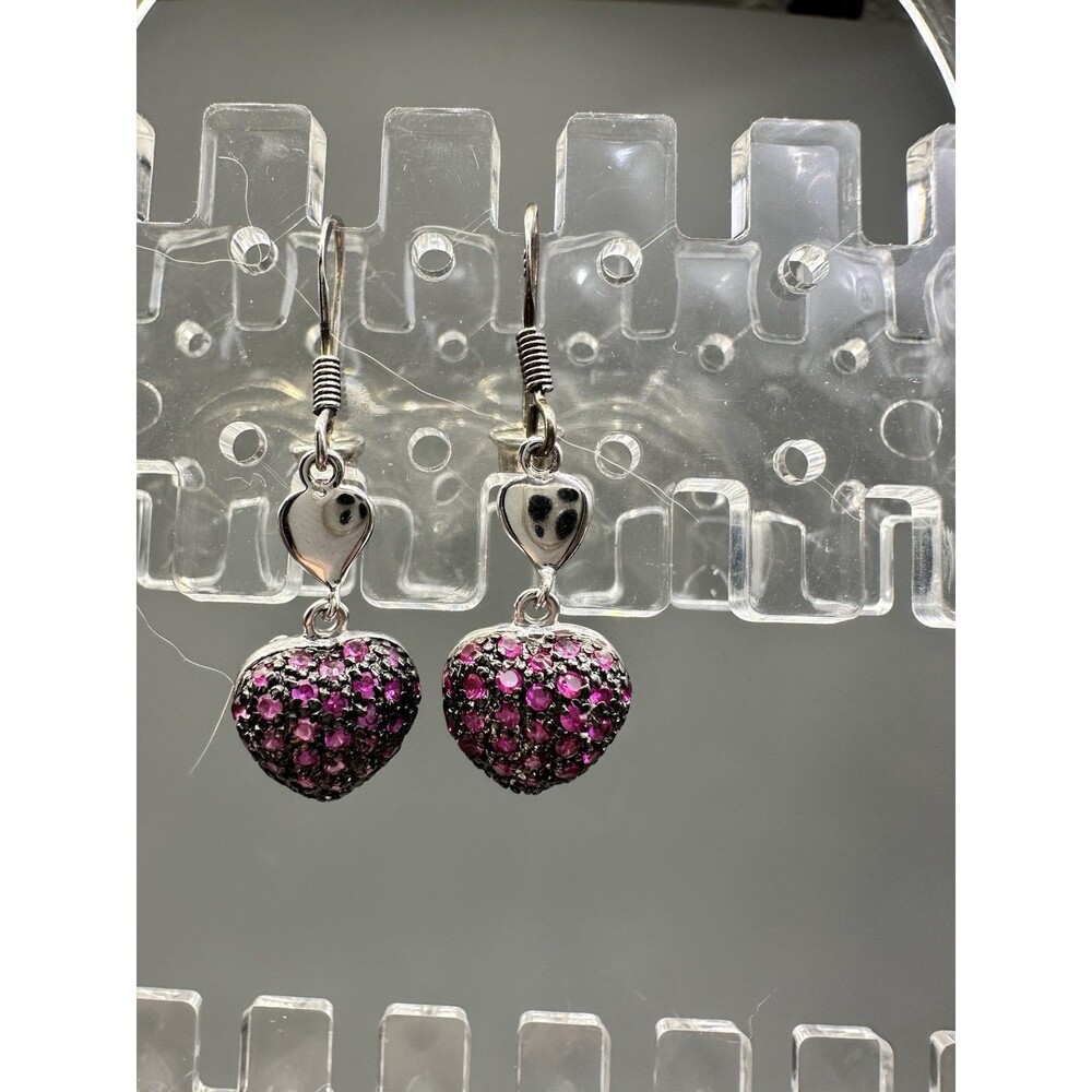 Pave Set Ruby Gemstones In Sterling Silver Heart Earrings